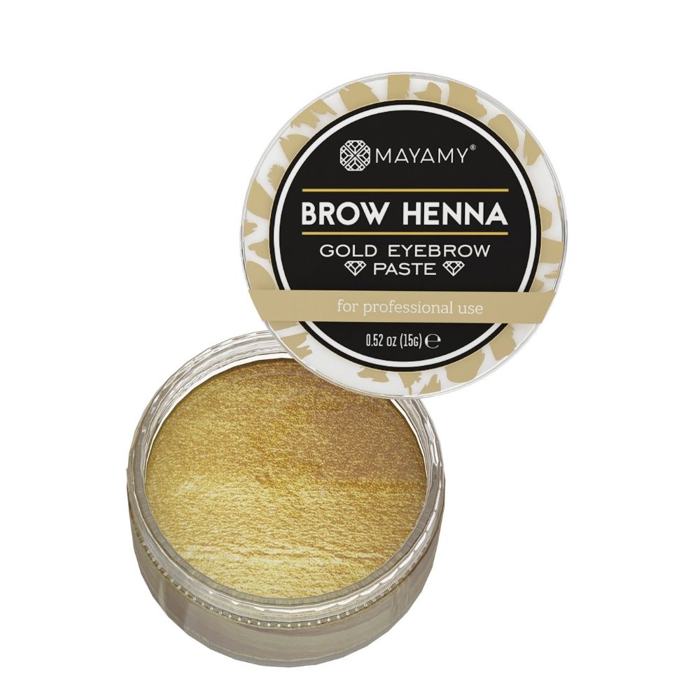 Mayamy Brow Henna Gold Eyebrow Paste in a clear container with gold powder on a white background